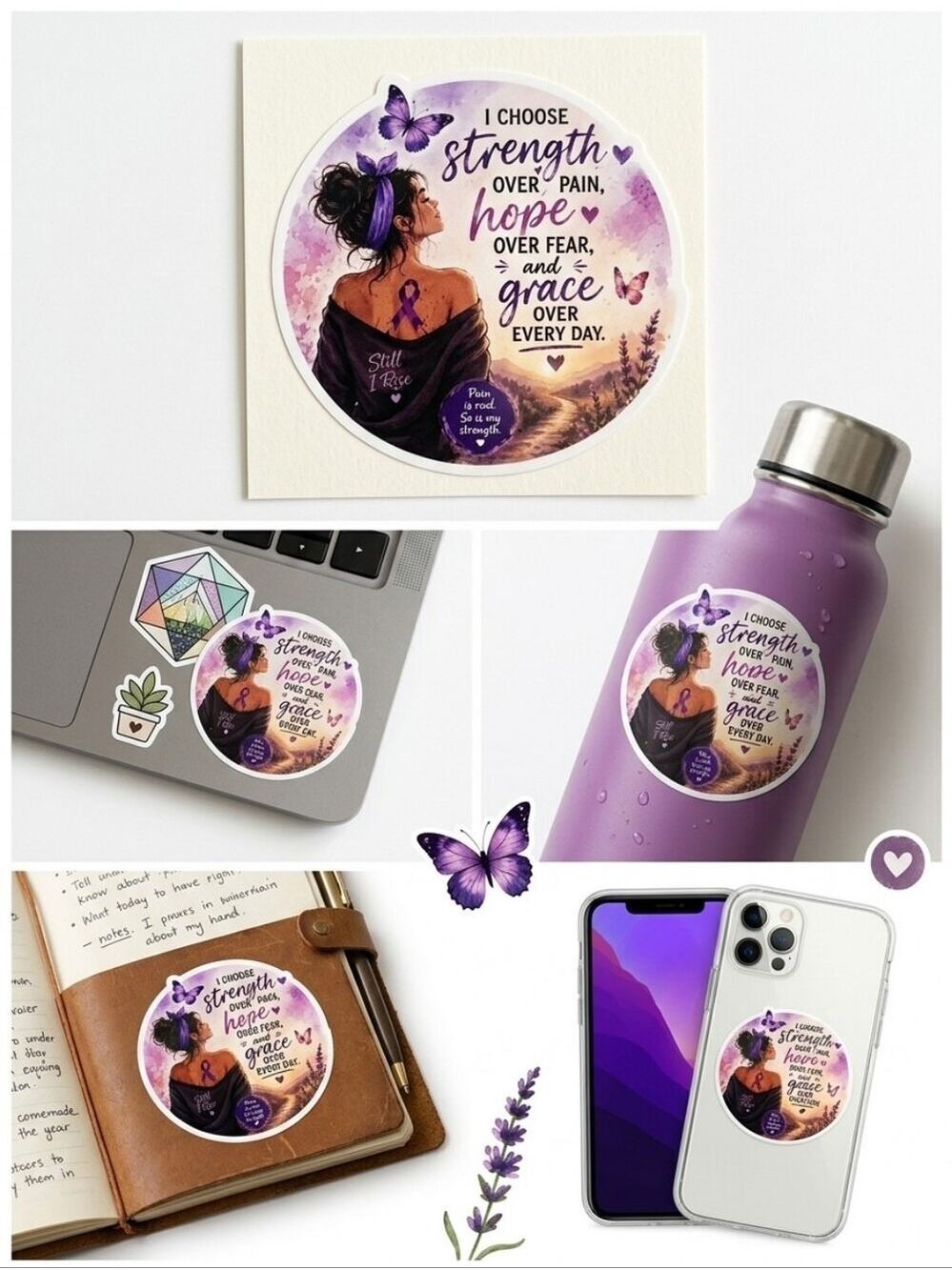 Handmade Chronic Pain Warrior Vinyl Sticker Hope Over Fear Purple Butterfly 3x3 - Picture 3 of 17